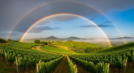 Vibrant Rainbow Arches Over Lush Green Vineyard Hills.