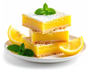 Stacked lemon bars, dusted with sugar, garnished with mint, and lemon wedges, presented on a white plate against a bright background