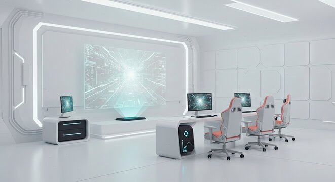 An allwhite futuristic room features a screen computers desks and gaming chairs