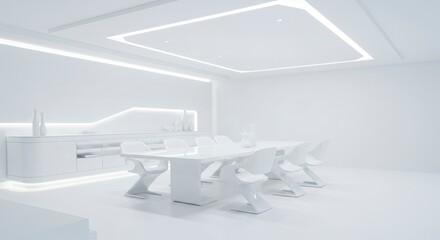 Allwhite dining room featuring a sleek table and chairs with modern architectural lighting and minimalistic decor