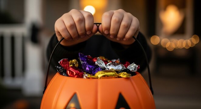 Closeup of a child holding a pumpkin bucket filled with colorful candy on a street with a lit house in the background