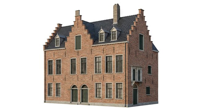 A brick building with grey roof tiles a chimney on a white background