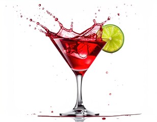 A vibrant red liquid splashes out of a martini glass adorned with a bright green lime slice on a white background, showcasing dynamic motion
