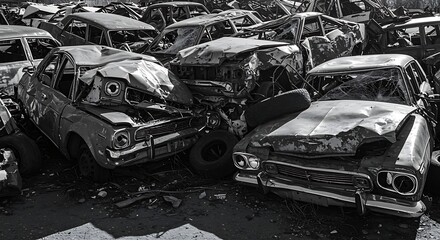 Black and White Car Graveyard Scene of Totaled Vehicles and Automotive Aftermath Depicting Wreckage and Scrap Metal