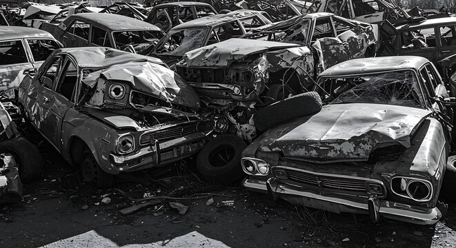Black and White Car Graveyard Scene of Totaled Vehicles and Automotive Aftermath Depicting Wreckage and Scrap Metal