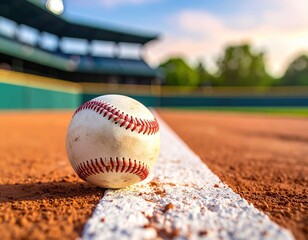 Baseball resting on a chalk line, dirt field, green fence and stadium backdrop under a blue and orange sky