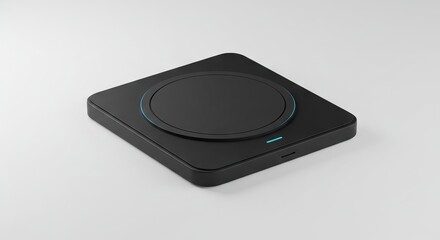 Black square wireless charger with blue light indicator on a gray surface