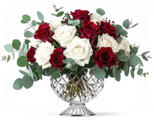 Elegant roses, red and white, are gracefully arranged in a crystal vase, accented with delicate eucalyptus leaves, on a plain white background