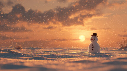 Winter wonderland scene featuring a snowman at sunset in a snowy landscape evoking a cozy holiday atmosphere