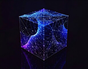 Abstract glowing cube with interconnected points and lines, reflecting on a dark surface, creating a futuristic, tech-inspired aesthetic