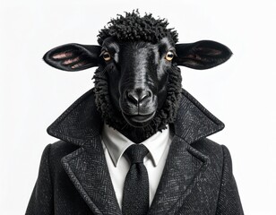 Anthropomorphic black sheep in a dark tailored overcoat, white shirt, and tie, posing with golden eyes against a clean white backdrop