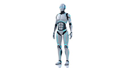 A white and grey humanoid robot stands on a white surface with blue lights