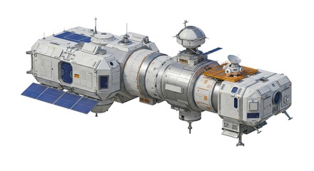 A detailed view of a multimodule space station featuring solar panels and communication dishes set against a white backdrop
