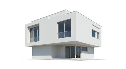 A white modernstyle house with rectangular windows and a flat roof stands against a white background