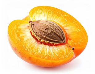 A halved apricot shows the flesh's color and texture, revealing a brown seed within. The outer skin is smooth with a warm orange hue