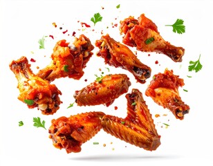Several cooked chicken wings, glazed with a spicy, red sauce, are arranged in a floating, dynamic composition, with scattered herbs and spices