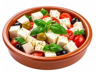 A vibrant salad in a terracotta bowl features feta, olives, tomatoes, and basil, drizzled with olive oil. Isolated against white