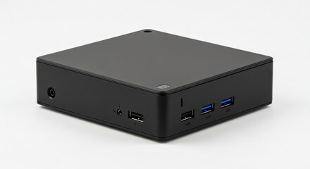 Fototapeta premium Black mini PC with ports on a white background