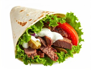 A close-up view of a meat wrap filled with beef, lettuce, tomato, pickles, and sauce, presented against a white background