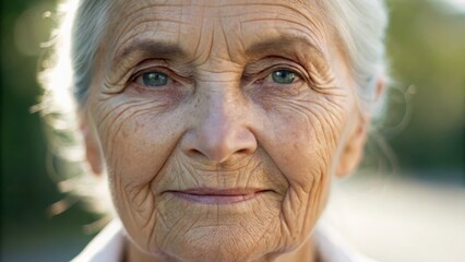 A close-up portrait of an elderly woman with deep wrinkles and a serene expression, showcasing the beauty of aging and wisdom.