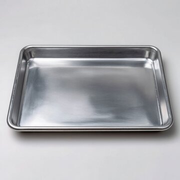 A clean empty aluminum baking sheet or cookie tray on a light gray background