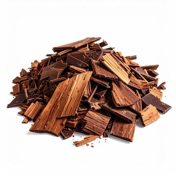 A sizeable pile of irregularly shaped, dark brown chocolate shavings, some larger pieces visible, against a stark white background