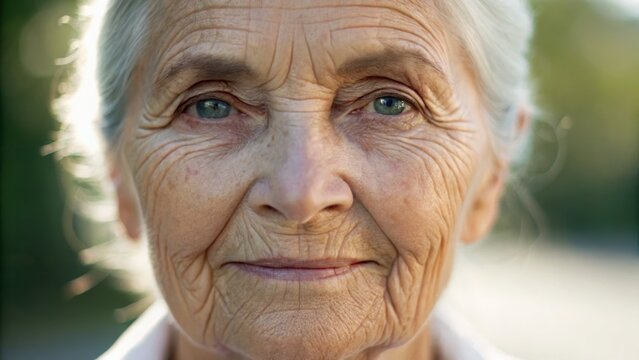 A close-up portrait of an elderly woman with deep wrinkles and a serene expression, showcasing the beauty of aging and wisdom.