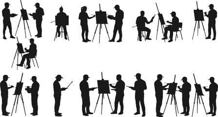 Obraz premium Artist silhouette, painting pose, drawing figure, easel interaction, creative posture, art education, black shape, brush, palette, studio scene