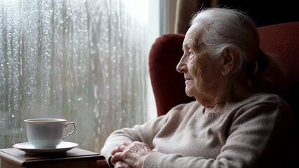 Solitude in Stillness: An elderly woman gazes wistfully out a rain-streaked window, a cup of tea adding a touch of warmth to the quiet contemplation. The image evokes themes of aging, reflection. - Powered by Adobe
