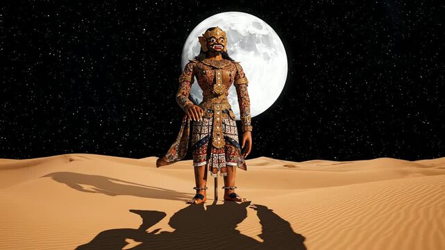 Mysterious warrior figure stands dramatically in a desert landscape under a large, luminous full moon and starry night sky