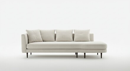 Fototapeta premium A lightcolored couch with pillows rests on dark legs against a bright white background