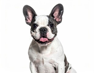 Charming close-up of a young black-and-white bulldog with erect ears, showcasing a smiling face and protruding tongue against a white backdrop
