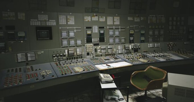 Chernobyl Nuclear Power Plant Control Room In Pripyat, Ukraine - Panning Shot