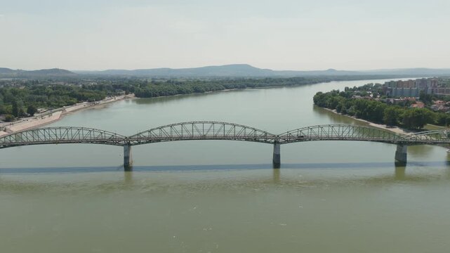Aerial of M&aacute;ria Val&eacute;ria Bridge crossing Danube River in Esztergom Hungary
