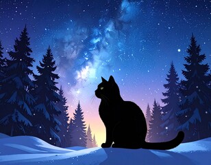 Silhouette of a black cat sits in the snow among pine trees under a vibrant, milky way night sky with blue and orange hues