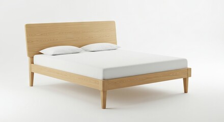 A lightwood bed with a plain white sheet and two pillows sits in a minimalist setting