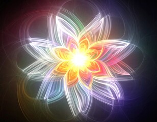 Abstract glowing flower-like fractal design with swirling lines, vibrant colors, and a central radiant light on a dark backdrop