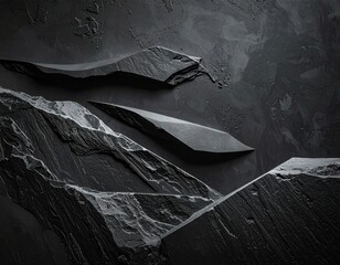 Three rough, dark, angular stone slices arranged against a textured surface, creating a minimalist and abstract composition