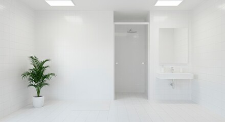 Fototapeta premium Bright minimalist bathroom with white tiles sink shower potted plant