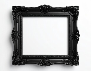 Ornate black picture frame against white wall, centered, casting a soft shadow. Rococo style detailing around the frame. Minimalist, artistic photo