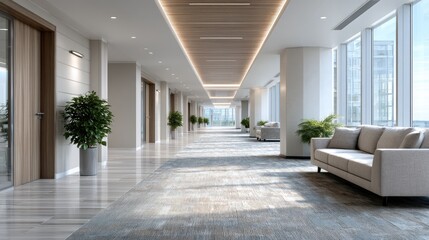 Modern Office Hallway with Gray Carpet Beige Sofa and Large Windows in Cinematic HDR Style