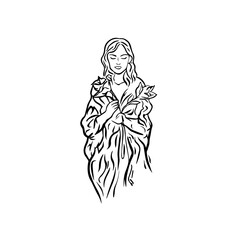 Black and white vector illustration of a beautiful woman holding a flower, minimal clean line art style