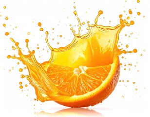 Half orange with vibrant orange juice erupting in a dynamic splash, isolated against a white background