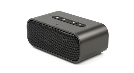 Fototapeta premium Closeup of a gray rectangular speaker with a black mesh grill and black control buttons on top