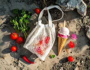 An overhead shot of produce in a mesh bag alongside a double-scoop ice cream cone, against a gritty, sandy backdrop, basking in sunlight