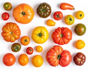 A colorful assortment of differently sized and shaped heirloom tomatoes are arranged on a stark white surface, displaying variations in form