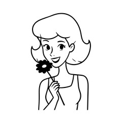 Black and white vector illustration of a beautiful woman holding a flower, minimal clean line art style