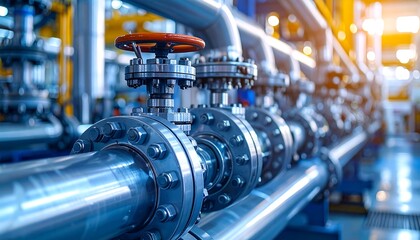 A close-up, eye-level shot of shiny, interconnected metal pipes and valves in an industrial setting, with orange control wheels