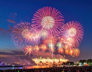 Spectacular fireworks display bursts brightly over a distant cityscape as crowds watch from below, illuminating a vibrant twilight sky