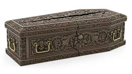 Ornate Victorian coffin with intricate carvings and a cracked lid, isolated on a blank white background